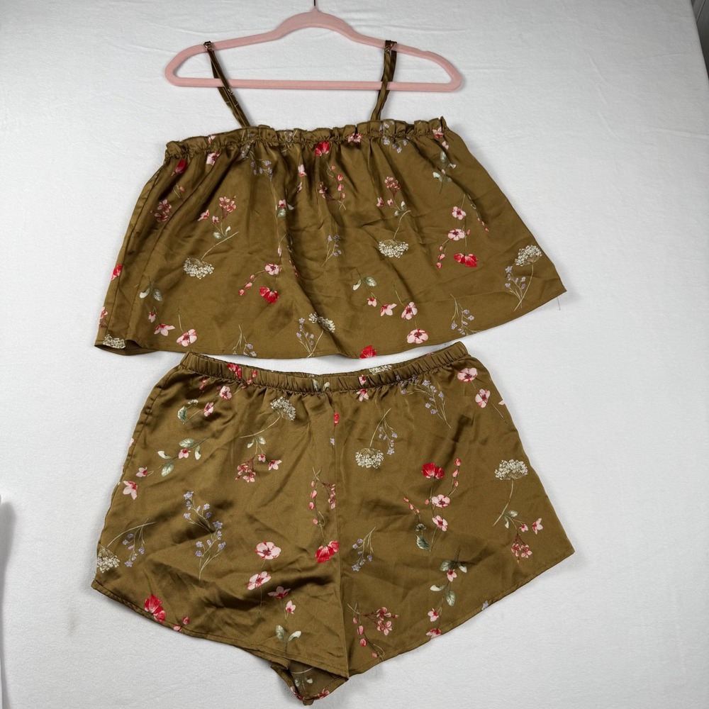 Nordstrom Rack Floral Satin Pajama Set M Bronze Cottagecore Coquette Loungewear